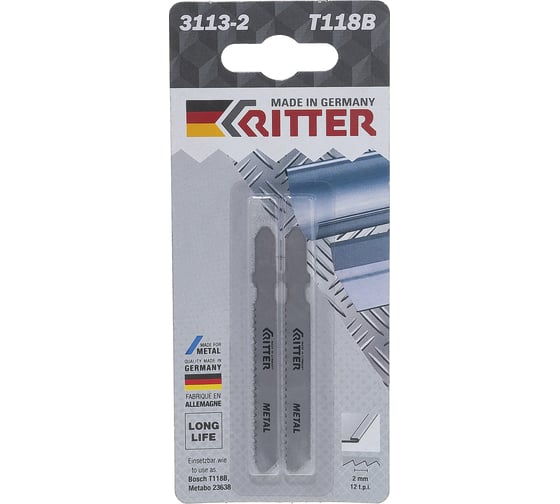 Пилки по стали Т118B (2 шт; 75х50 мм; шаг 2 мм; 12TPI; HSS) для лобзиков RITTER 3113-2