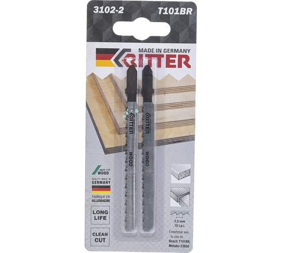 Пилки по дереву Т101BR (2 шт; 100х75 мм; шаг 2.5 мм; 10TPi; CrV) для лобзиков RITTER 3102-2 1