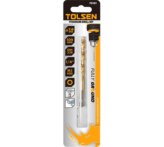 Сверло по металлу HSS/M2 TiN DIN 338, 7.0x109 мм, 135°, хвостовик HEX 1/4" TOLSEN 75191