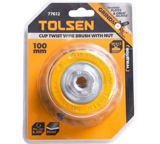 Щетка для УШМ "чашка" Industrial 100 мм, М14, круч. проволока 0.5 мм TOLSEN 77612