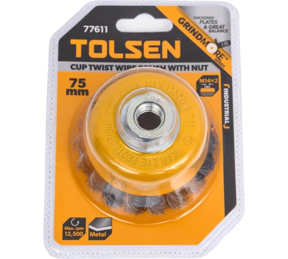 Щетка для УШМ "чашка" Industrial 75 мм, М14, круч. проволока 0.5 мм TOLSEN 77611 1