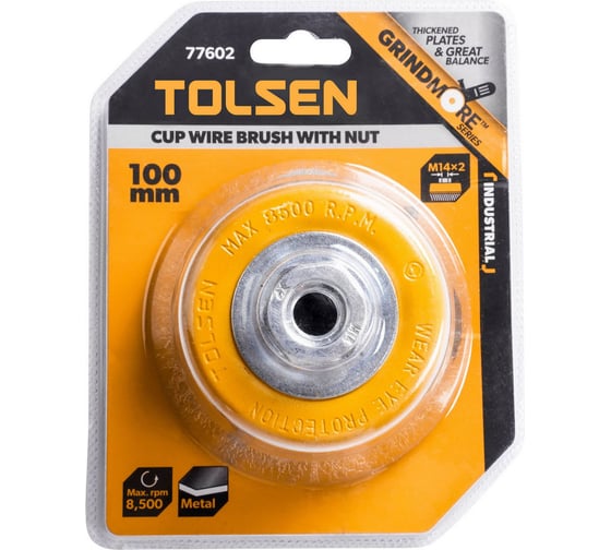 Щетка для УШМ "чашка" Industrial 100 мм, М14, витая проволока 0.3 мм TOLSEN 77602
