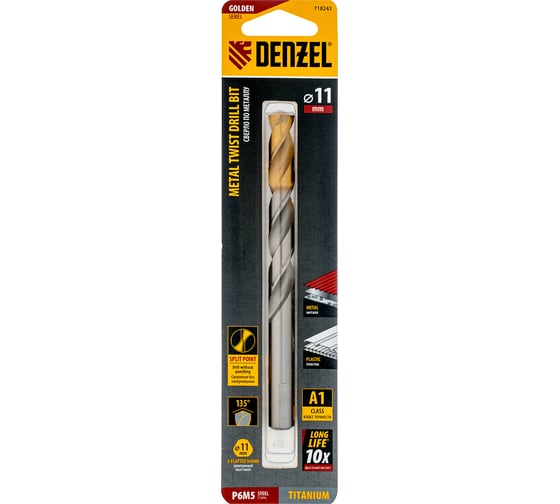 Сверло спиральное по металлу 11x142 мм, Р6М5, Golden Tip Denzel 718243