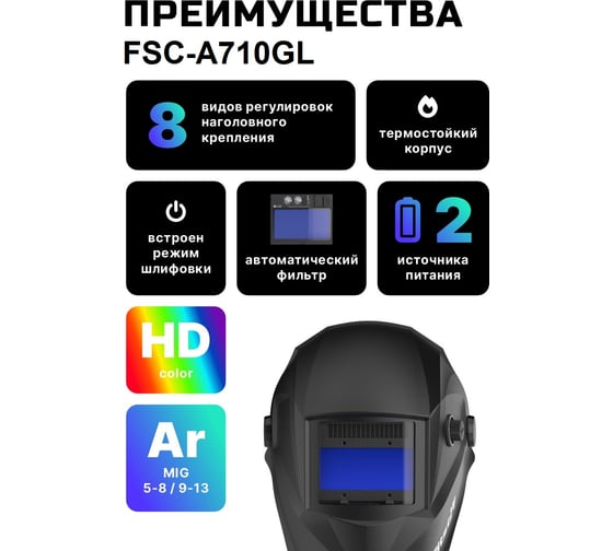 Сварочная маска хамелеон FITSIZ (4/5-8/9-13 DIN, 4 дат., окно 100x50 мм) + сменное стекло FSC-A710GL