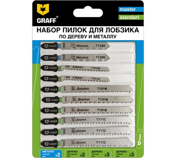 Набор пилок по дереву и металлу 10 шт для лобзика GRAFF 13202