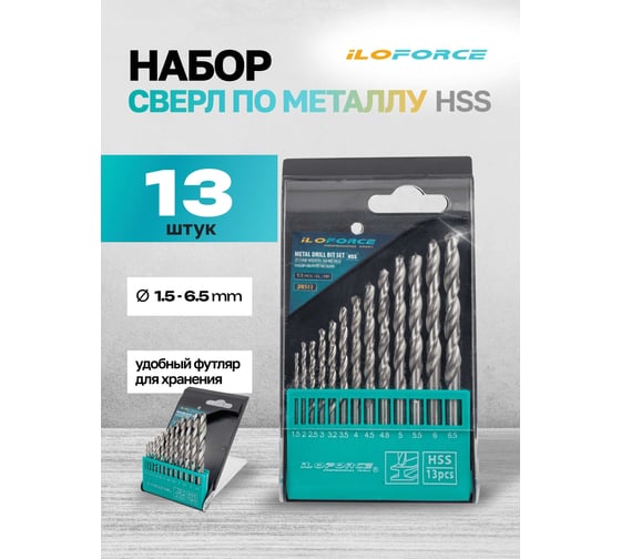 Набор сверл по металлу, iLOFORCE 13 предметов, 1.5-6.5мм IF-DBS13(60703)