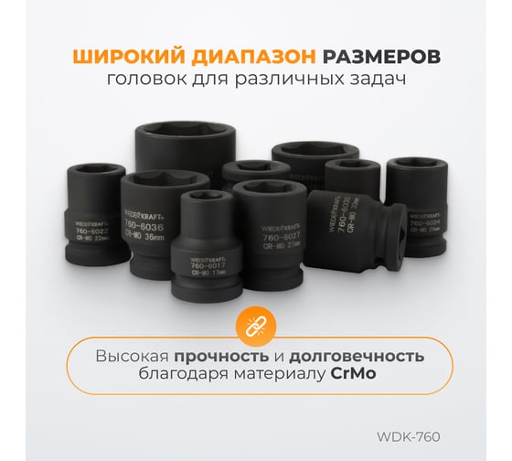 Набор ударных головок (10 предметов; 17-46 мм; 3/4") WIEDERKRAFT WDK-760