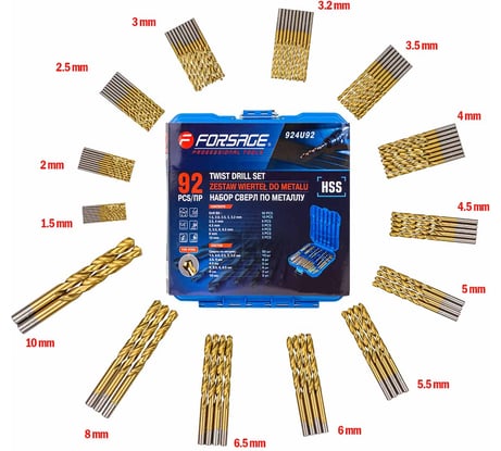 Набор сверл по металлу HSS, 92 шт, 1.5,2,2.5,3,3.2 мм по 10 шт; 3.5,4 мм по 8 шт; 4.5 мм-5 шт; 5,5.5,6,6.5 мм по 4 шт; 8 мм-3 шт; 10 мм-2 шт), в кейсе Forsage F-924U92(49100)