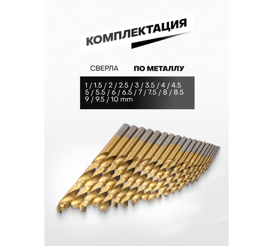 Набор сверл по металлу HSS TIN 19 шт, 1-10 мм, шаг 0.5 мм, в пластиковом футляре Rockforce RF-924U19(49383)