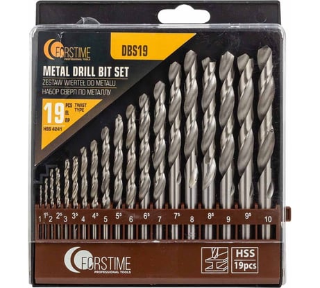 Сверла по металлу, набор 19 шт (1-10 мм) FORSTIME FT-DBS19(60695)