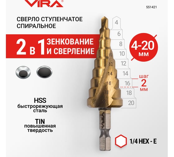 Сверло ступенчатое спиральное 4-20 мм VIRA 551421