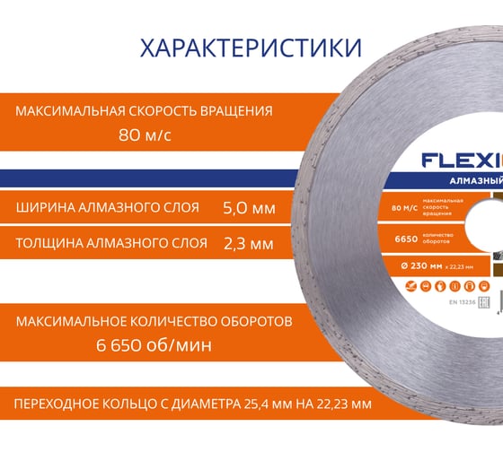Диск алмазный со сплошной кромкой по керамической плитке (230х22.2 мм) Flexione 50000275