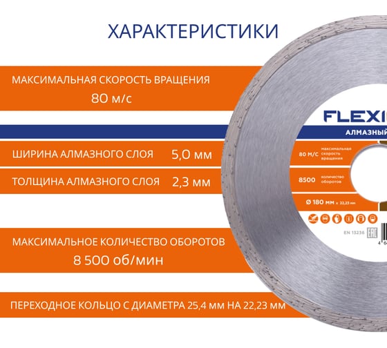 Диск алмазный со сплошной кромкой по керамической плитке (180х22.2 мм) Flexione 50000245