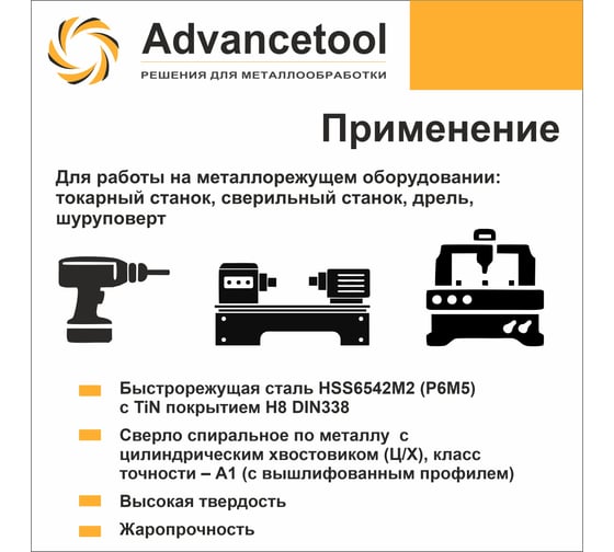Сверло по металлу ц/х 4.7 мм, HSS6542M2 (Р6М5) c TiN покрытием, H8, DIN338 Advancetool ADT-СМЦХ047СТ