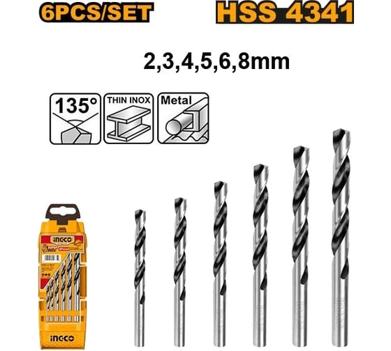 Набор сверл по металлу (6 шт; 2-8 мм) INGCO AKD1055