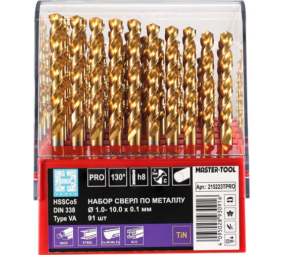 Набор сверл по металлу 1-10мм, DIN338, HSSE-Co5 TiN 130 PRO, 91шт H-Tools 215223TPRO