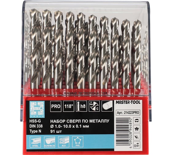 Набор сверл по металлу 1-10мм, DIN338 HSS-G 118 PRO, 91шт H-Tools 214223PRO