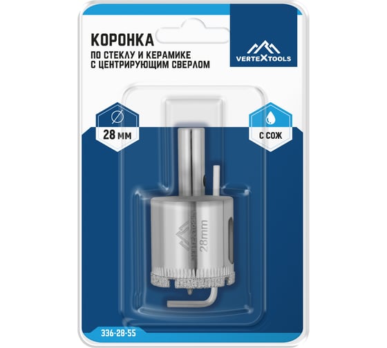 Коронка с центрирующим сверлом по стеклу и керамике (28х55 мм) Vertextools 336-28-55