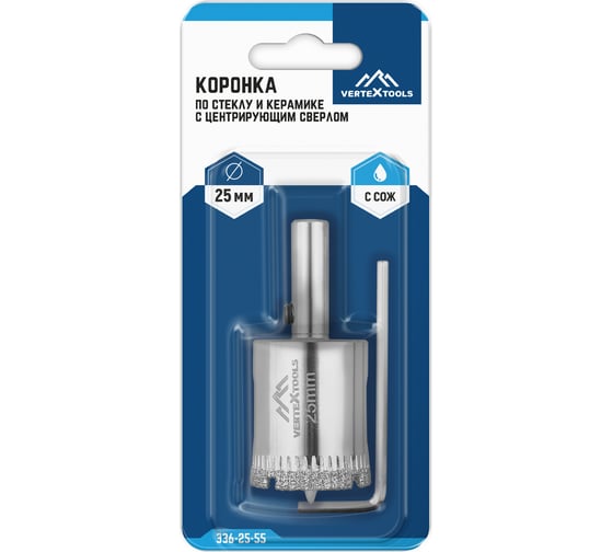 Коронка с центрирующим сверлом по стеклу и керамике (25х55 мм) Vertextools 336-25-55
