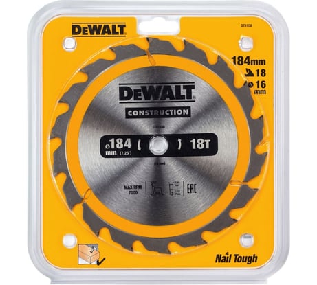 Пильный диск DEWALT DT1938, CONSTRUCTION по дереву с гвоздями 184/16 мм, 18 ATB +20 DT1938-QZ