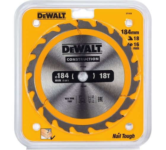 Пильный диск DEWALT DT1938, CONSTRUCTION по дереву с гвоздями 184/16 мм, 18 ATB +20 DT1938-QZ