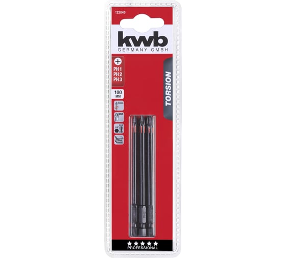 Набор бит kwb TORSION 3 шт, PH1, PH2, PH3, 100 мм 123040