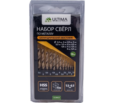 Набор сверл по металлу 1,5-6,5 мм, НSS, 13 шт ULTIMA 113013