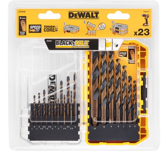 Набор сверл Dewalt DT70729, Black&Gold по металлу, 1-12 мм, 23 шт DT70729-QZ
