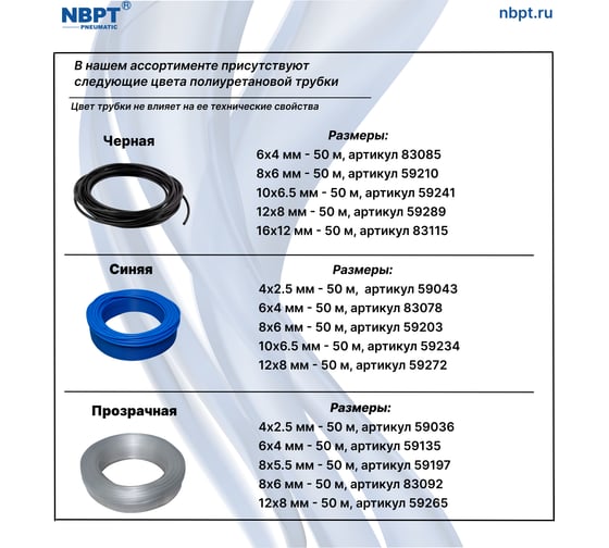 Трубка пневматическая NBPT PU98 6-4-50М (розовая) арт. 83061