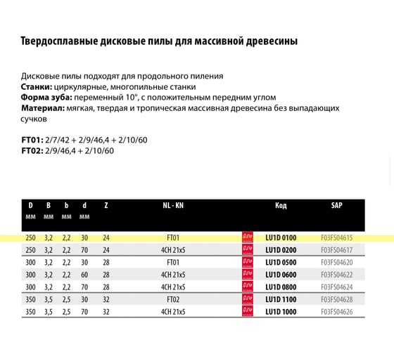 Пила дисковая Freud 250x3.2x30 мм, Z24, HM Lu1D 0100