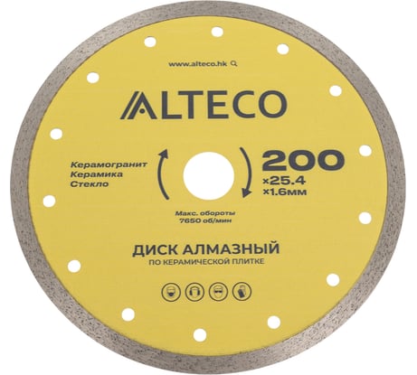Диск алмазный по керамической плитке сплошной ALTECO 200х25.4 мм 66527