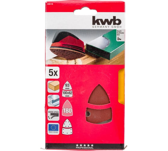 Шлифлист для дельташлифмашины kwb 5 шт, 100x62,93 мм, К 180 496118