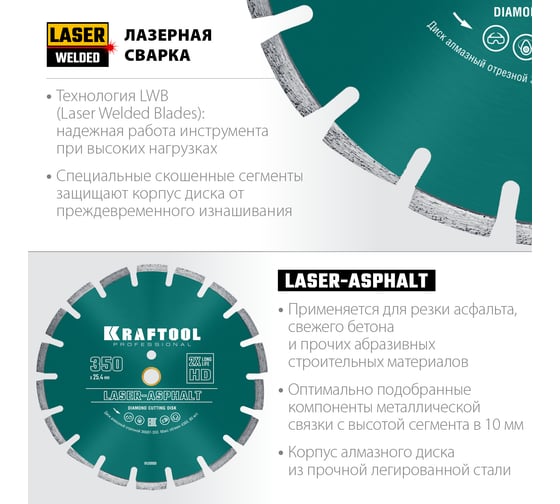 Диск алмазный отрезной по асфальту KRAFTOOL LASER-ASPHALT (400х25.4 мм) 36687-400