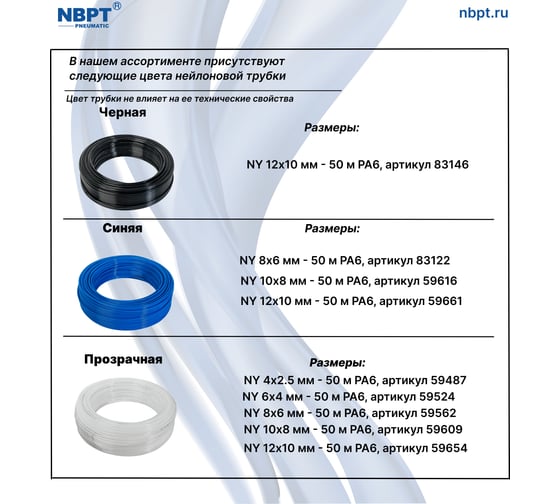 Трубка пневматическая нейлоновая NBPT NY10-8-50м PA6, черная 83139