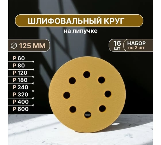 Набор шлифовальных кругов на липучке Vitatools 125 мм, P60-P600, 16 шт G-125-P60-P600-12-8