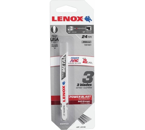 Пилка для лобзика по металлу B324TC (3 шт; 24TPI; 92 мм) тонкий металл Lenox 1991601