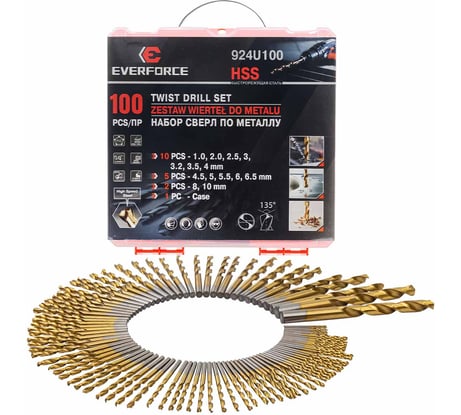 Набор сверл по металлу EVERFORCE 100 предметов, (1,2,2.5,3,3.2,3.5,4-по 10шт;4.5,5,5.5,6,6.5-по 5шт;8,10-по 2шт) в кейсе EF-924U100(58825)