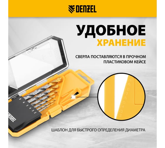 Набор сверл по металлу Denzel 2-8мм, Р6М5-TiN, Golden Tip, 6 шт 723000