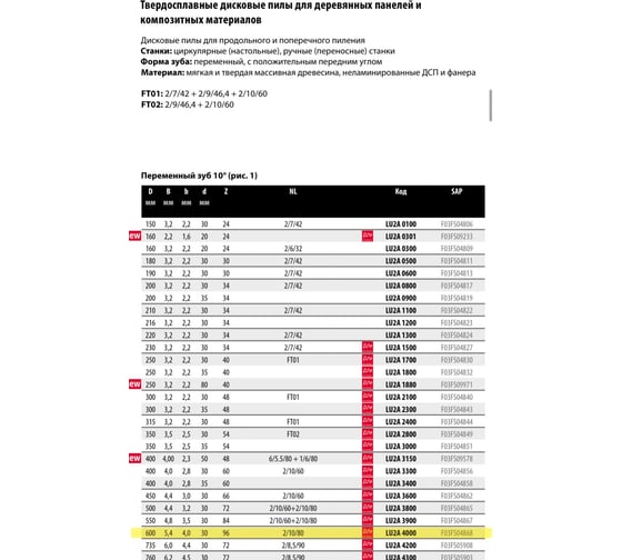 Пила дисковая Freud 600x5.4x30 мм, Z96, HM Lu2A 4000