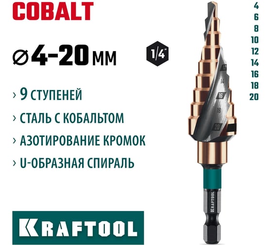 Сверло ступенчатое KRAFTOOL Cobalt 4-20мм, 9 ступеней 29691-4-20-9
