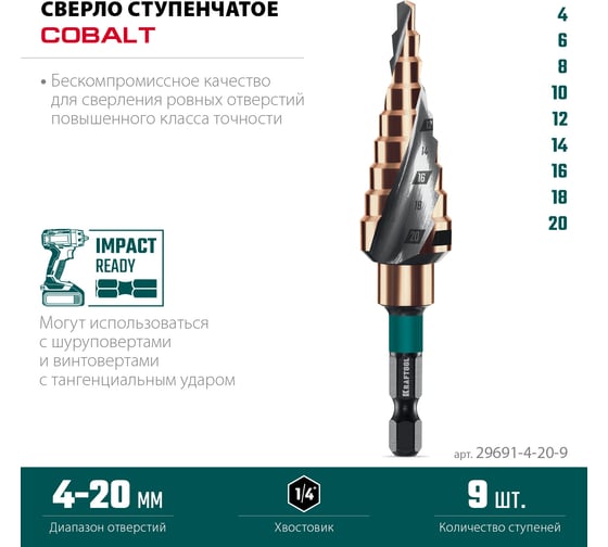 Сверло ступенчатое KRAFTOOL Cobalt 4-20мм, 9 ступеней 29691-4-20-9