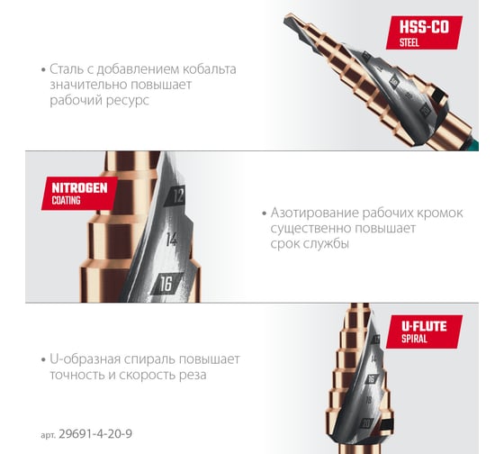 Сверло ступенчатое KRAFTOOL Cobalt 4-20мм, 9 ступеней 29691-4-20-9