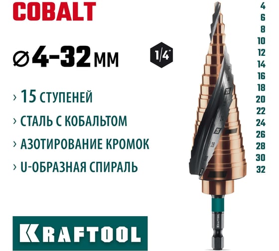 Сверло ступенчатое KRAFTOOL Cobalt 4-32мм, 15 ступеней 29691-4-32-15