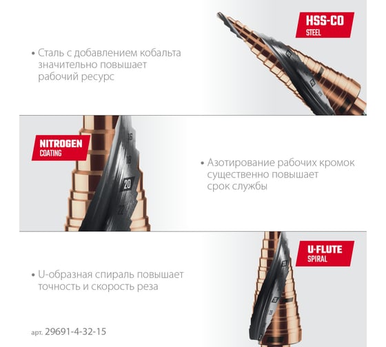 Сверло ступенчатое KRAFTOOL Cobalt 4-32мм, 15 ступеней 29691-4-32-15