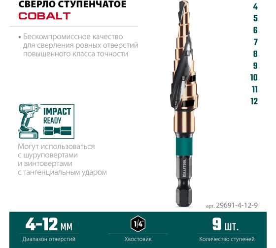 Сверло ступенчатое KRAFTOOL Cobalt 4-12 мм, 9 ступеней 29691-4-12-9