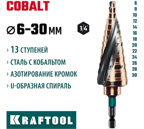 Сверло ступенчатое KRAFTOOL Cobalt 6-30мм, 13 ступеней 29691-6-30-13