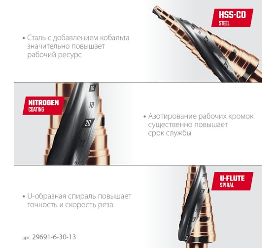 Сверло ступенчатое KRAFTOOL Cobalt 6-30мм, 13 ступеней 29691-6-30-13
