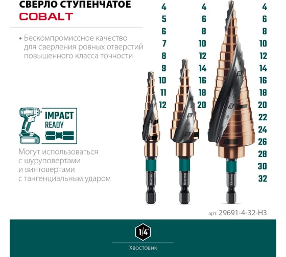 Набор сверл ступенчатых KRAFTOOL Cobalt 4-32 м, 3 шт 29691-4-32-H3