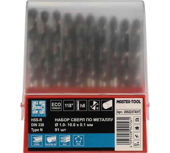 Набор сверл по металлу H-Tools 1-10мм, 91шт, DIN338, HSS, 118град. 205223TXHT