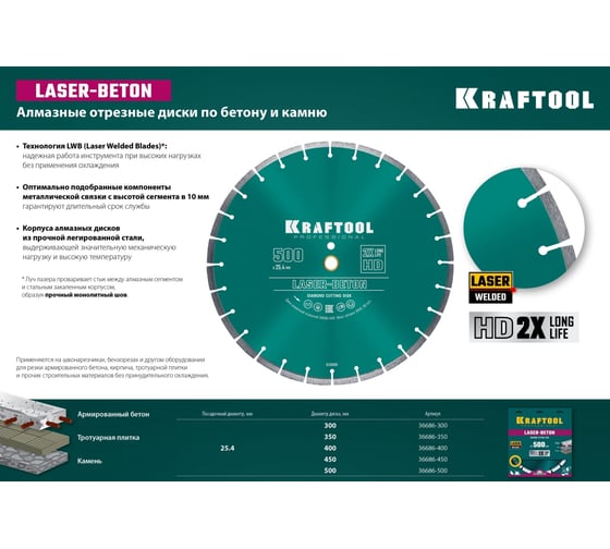 Диск алмазный отрезной KRAFTOOL Laser-beton по бетону и камню, 400 мм 36686-400